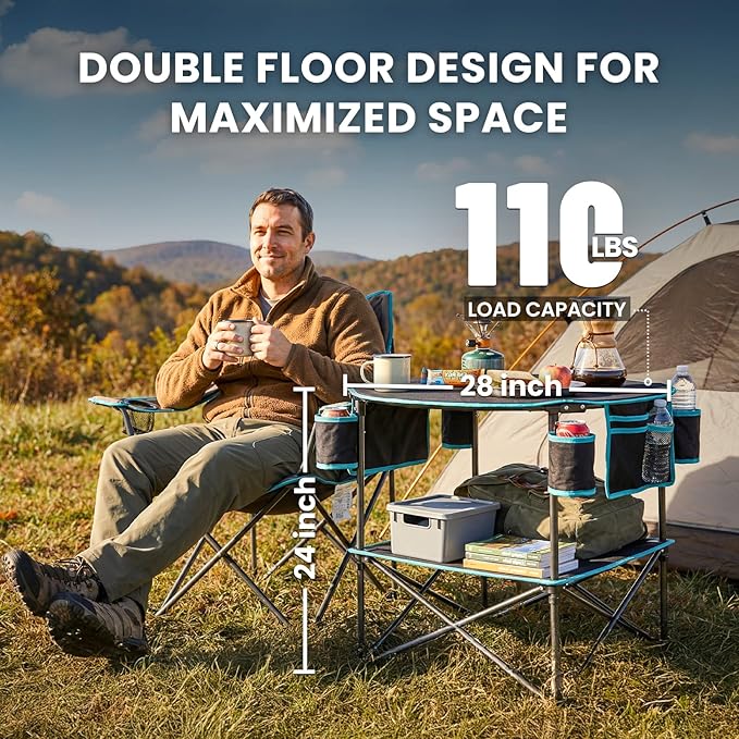 FUNDANGO All in One Tailgate Table Portable Beach Table with Cup Holders Camping Table Foldable with Side Pockets Carry Bag for Camp Outdoor Sand Beach Picnic Fishing Tailgating Essentials