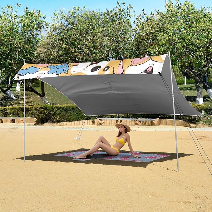 Cartoon Corgi Pattern Beach Tent Sun Shelter 9.2' x 10.5' Beach Canopy with 4 Sandbags 4 Stability Poles Sand Shovels - Tent Canopy for Beach Camping Fishing Picnics