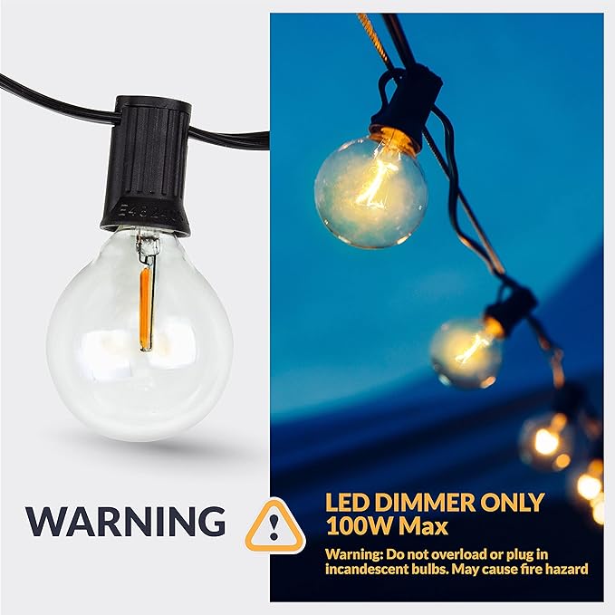 Newhouse Lighting LED G40 String Lights with Weatherproof Technology 100W Dimmer with Wireless Remote Control 50ft and 52 (50+2 Free) LED Light Bulbs Included Warm White (PSTRINGLEDDIM)