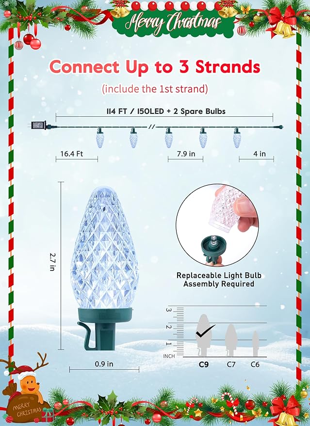 C9 Christmas Lights Outdoor 114 Feet 150 LED C9 String Light with Timer &amp 8 Light Modes Waterproof Commercial Grade Connectable Christmas Tree Lights for House Indoor Outside Roofline Pure Whit
