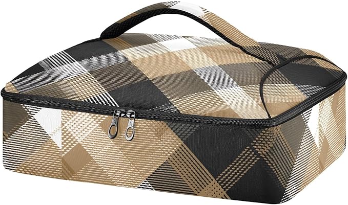Casserole Carrier Pattern Black Brown Tartan Plaid Insulated Casserole Carrier for Hot or Cold Food Thermal Lunch Tote for Parties Picnic Travel Carry Bag