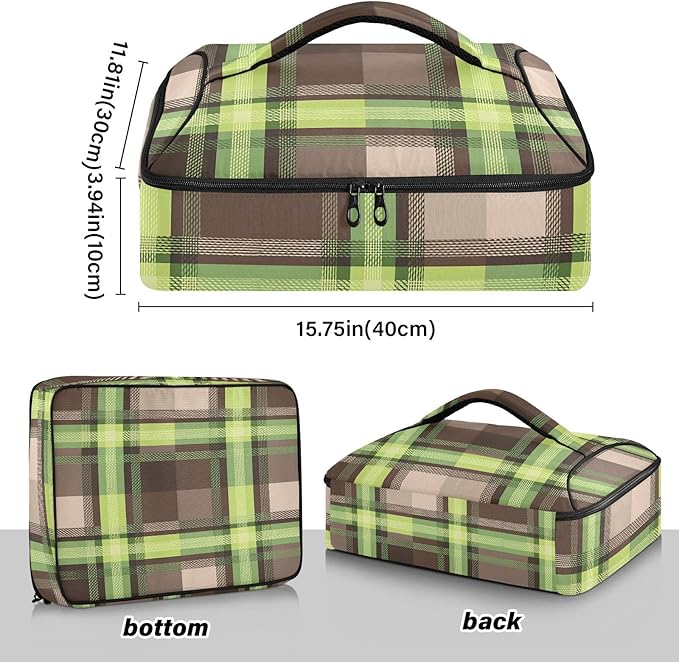 Casserole Carrier Green Brown Tartan Plaid Insulated Casserole Carrier for Hot or Cold Food Thermal Lunch Tote for Parties Picnic Travel Carry Bag