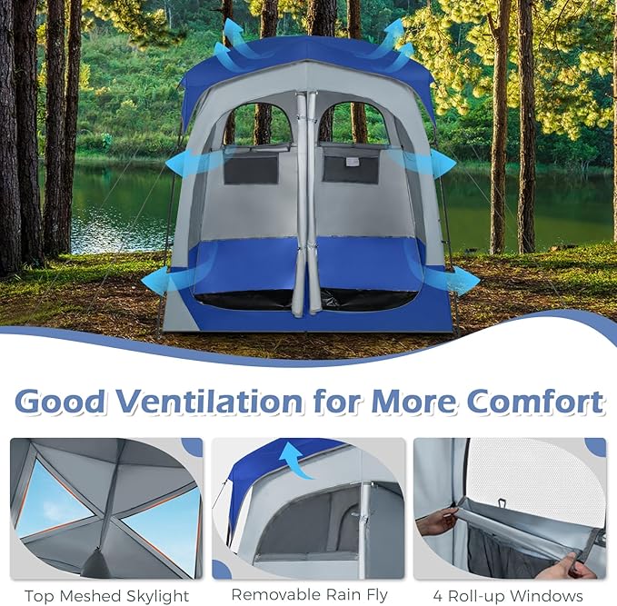 LDAILY Camping Shower Tent 2 Room Instant Privacy Tent with Floor Removable Rain Cover Mesh Window Inside Pocket and Clothesline Portable Changing Room for Outdoor Toilet Dressing