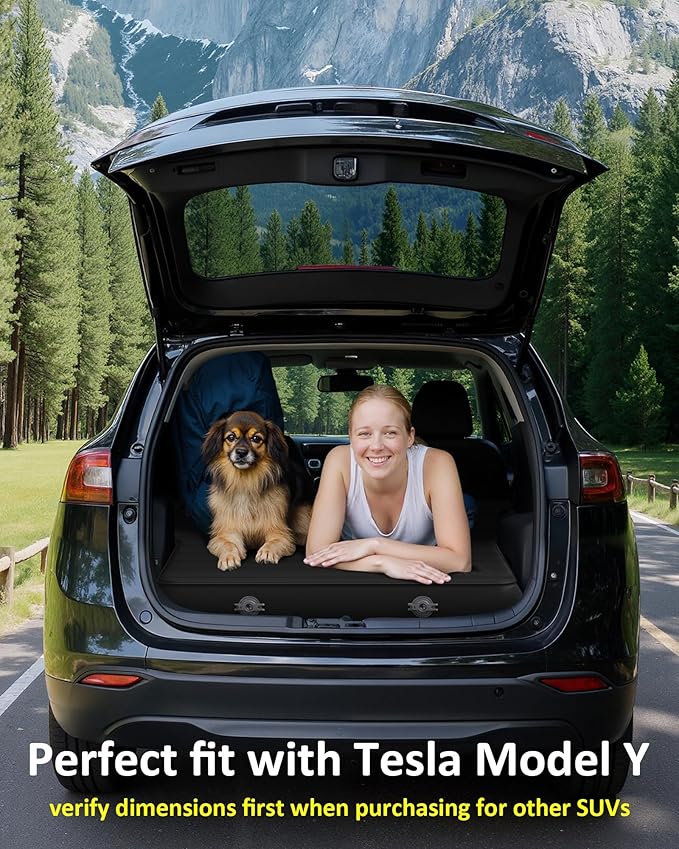 for Tesla Model Y Mattress Memory Foam 4 inch Comfortable SUV Sleeping Pad with Powerful Air Pump Inflatable Car Bed for Camping &amp Road Trips (Black+Gray)