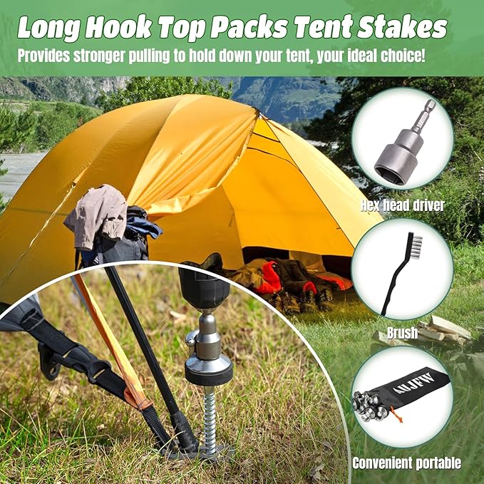 12 Pcs 12 Drillable Tent Stakes Hex Pegs Stakes Drillable Threaded Long Hook Top Packs Tent Stakes for Grassland Garden Tents Canopies Awnings Camping Travel (Hex Tool and Storage Bag)