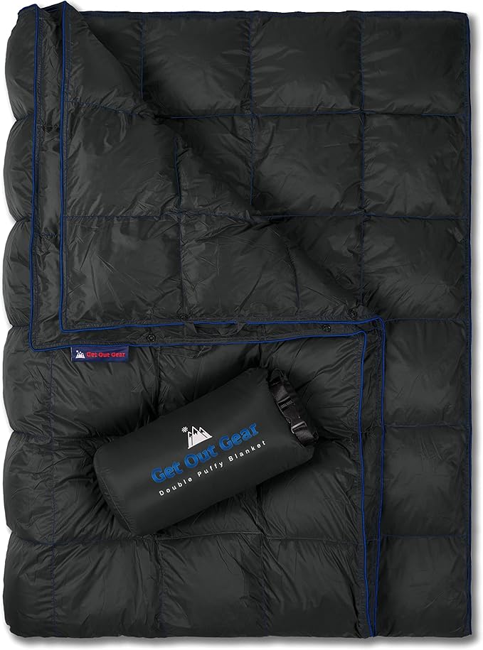 Get Out Gear Double Puffy Camping Blanket - Extra Puffy Packable Lightweight and Warm | Ideal for Outdoors Travel Stadium Festivals Beach Hammock | Water-Resistant Camp Quilt (Black/Blue)