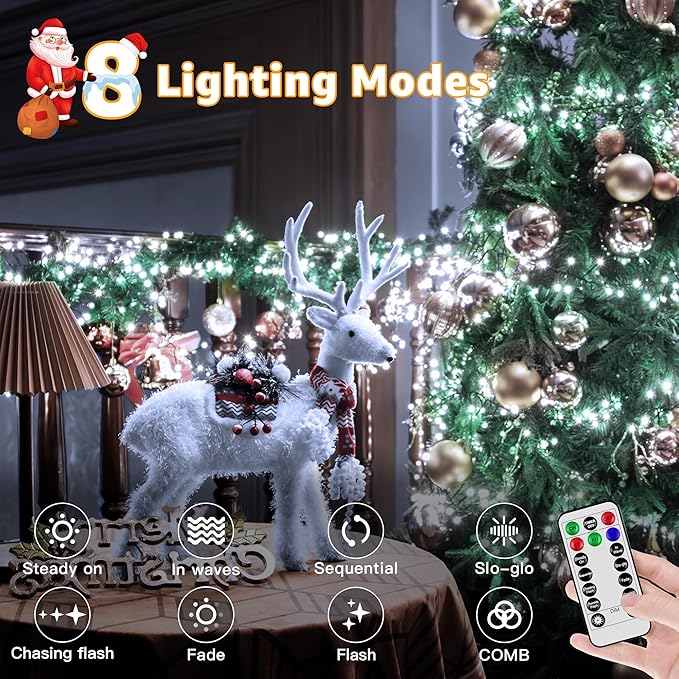 500 LED 25 FT Cluster Lights White Christmas Tree Lights 8 Modes Timer Remote Waterproof String Lights for Indoor Outside Garland Xmas Decorations