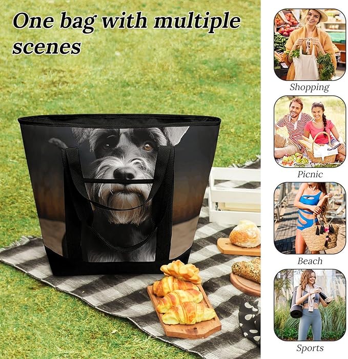 Insulated Shopping BagLarge Reusable Cooler Bags Animal Schnauzer Dog Printed Foldable Shopping BagTravel Waterproof Shoulder Bag
