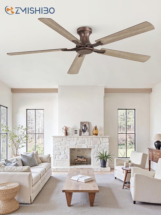 ZMISHIBO 60 Inch Ceiling Fan No Light Flush Mount Low Profile Farmhouse Brown Ceiling Fan Without Light Remote Control &amp Quiet DC Motor for Indoor&ampOutdoor Bedroom Living Room