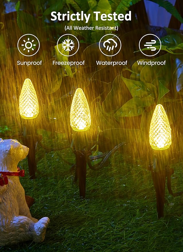 C9 Christmas String Lights Outdoor - 20 LED Pathway Light with Strawberry Shell and Stake Connectable Warm White High Voltage Waterproof for Driveways Xmas Holiday Patio Decoration