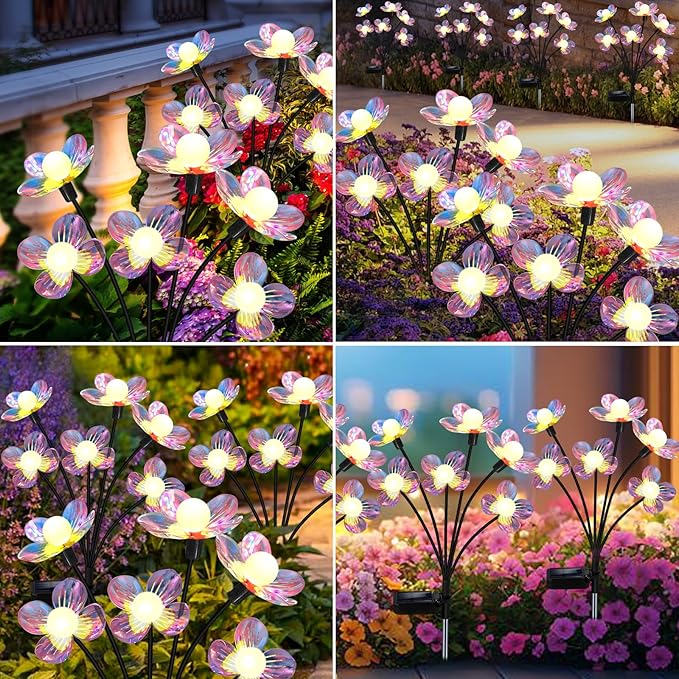 Solar Garden Lights Outdoor New Upgraded 4-Pack Firefly Solar Lights with Iridescent Petals &amp Warm White Glow - Waterproof Wind-Swaying Decor for Yard Patio