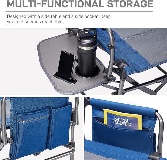 EVER ADVANCED Camping Directors' Chair with Side Table Portable Folding Chair with Compact Size Heavy Duty Lawn Chair with Pocket for Camping Lawn Sports and Fishing 400lbs Blue 2 Pack