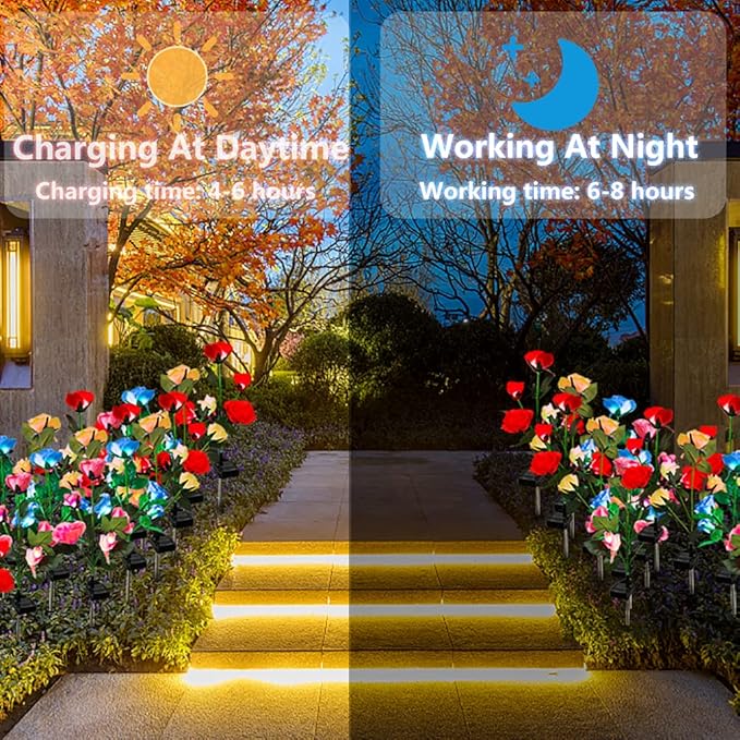 Mothers Day Gifts Solar Garden Decor Outdoor Lights 4 Pack Waterproof Garden Lights for Outside 16 Solar Rose Multi-Color Changing Solar Flower Decor for Yard Patio Gifts for Women (7-Color Rose)