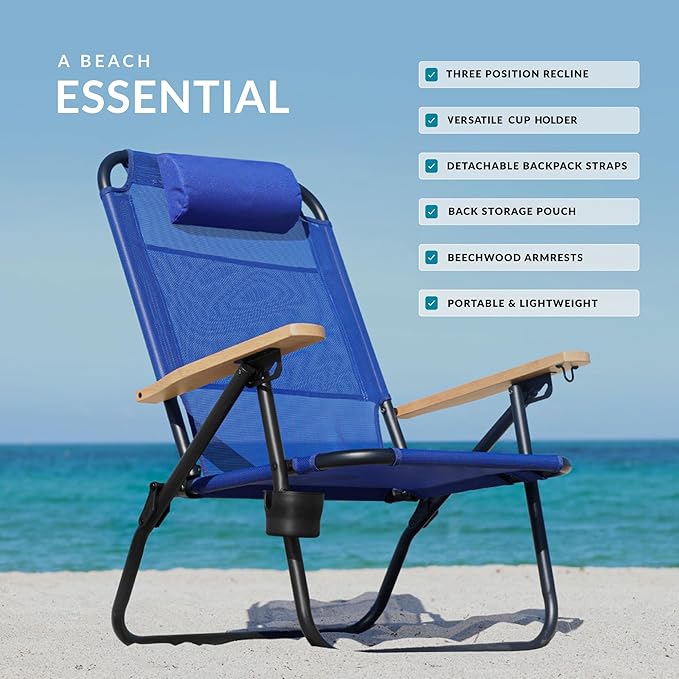 Water Buffalo Bondi Beach Chair – Backpack Beach Chair for Adults with Reclining Positions Cup Holder &amp High Back Support