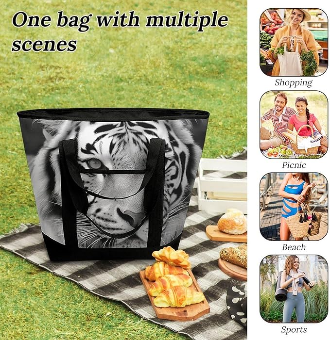 Insulated Shopping BagLarge Reusable Cooler Bags Black White Tiger Printed Foldable Shopping BagTravel Waterproof Shoulder Bag
