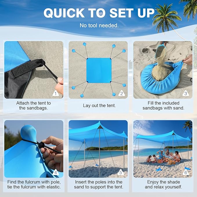 Rhino Valley Beach Tent Shade Canopy UPF50+ Protection 8 Sandbags 4 Stability Poles Outdoor Sun Shelter Umbrella for Sand Camping Fishing Essentials