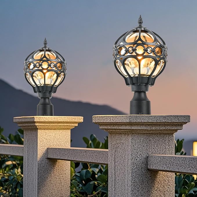 2 Pack Outdoor Globe Lamp Post Light Fixtures 15.8 Green Sphere Post Top Lantern for Patio Porch Driveway Hardwired Anti-Rust Aluminum Pillar Light with Amber Glass Fits Standard 3 Post