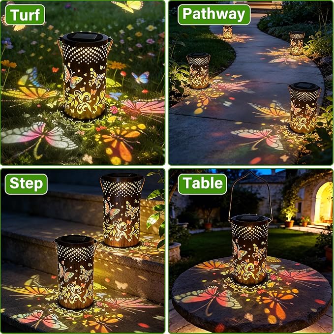 Colorful Solar Lanterns Outdoor Waterproof Garden Decor LED Butterfly Solar Lights Gifts for Women Mom Sister Grandma Metal Hanging Lantern for Outside Table Tree Garden Patio Yard Lawn Porch Decor