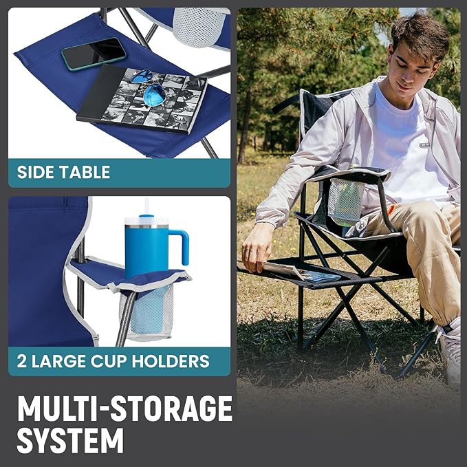 FUNDANGO Folding Camping Chairs for Adults 2 Pack Oversized Beach Chairs with Table Tray Heavy Duty Lawn Chair with Cup Holders for Sports Outdoor Camp(Blue)