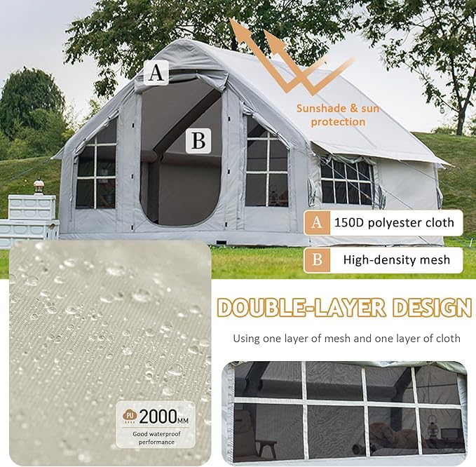 Inflatable Tent with Pump 6-10 Person Instant Glamping Camping Tents House Easy Setup Blow Up Family Tents for 4 Seasons Waterproof Inflatable Tent for Camping