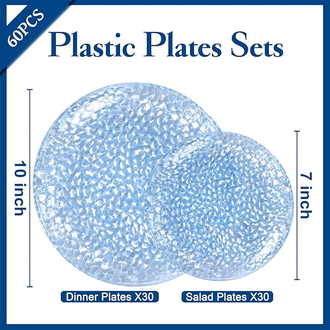 Rubtlamp 60Pcs Easter Plastic Blue Plates Heavy Duty Disposable Plates Blue Hammered Party Plate Include 30 Dinner Plate 30 Dessert Platos Fancy Disposable Platos For St Patricks Day