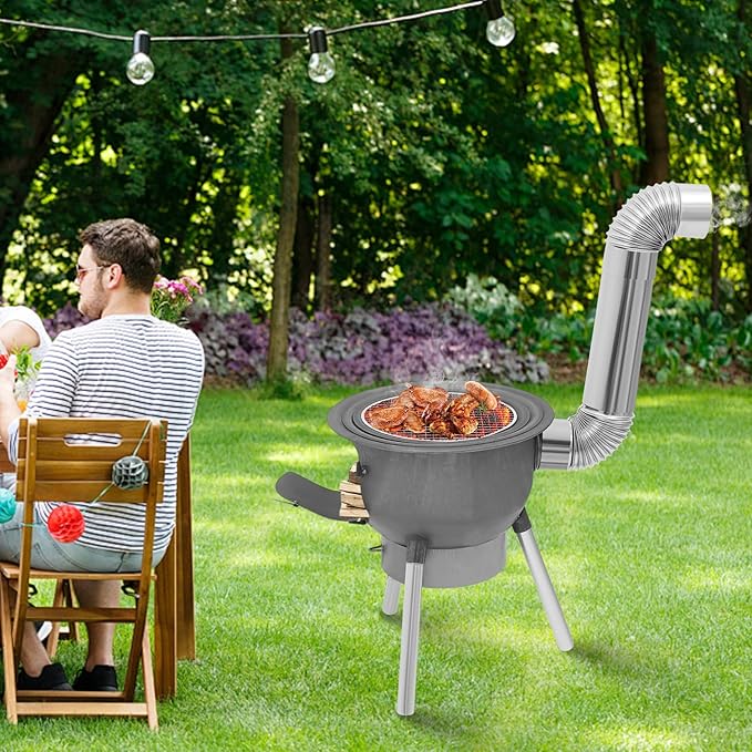 Multifunction Wood Burning Stove With Grill Rack Camping Wood Stove Large Charcoal Grill With Grill Rack For Outdoor/Backyard Cooking Picnic And Barbecue. (Silver- Grey-16.9in+ 3 Wok Rings)