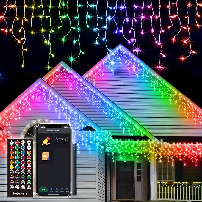 99FT Smart Color Changing Christmas Icicle Lights - APP Control 897 LEDs 207 Drops Outdoor Roof String Lights DIY 100+ Effects Music Sync Waterproof for Outside Garage Eaves House Holiday Decor
