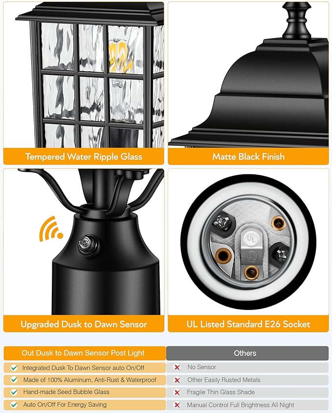 VIANIS Lamp Post Light Fixture with Mount Base Modern Black Exterior Post Lantern Fixture with Tempered Glass Anti-Rust Aluminum Light Posts for Outside for Driveway Backyard Patio Garden E26
