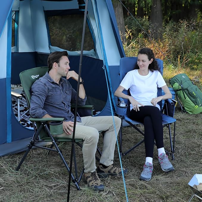 Portal Oversized Folding High Back Portable Lawn Chairs for Adults Outdoor Camp Sports Hunting Fishing Backyard with Hard Armrest Cup Holder Carrying Strap Supports 400LBS Green