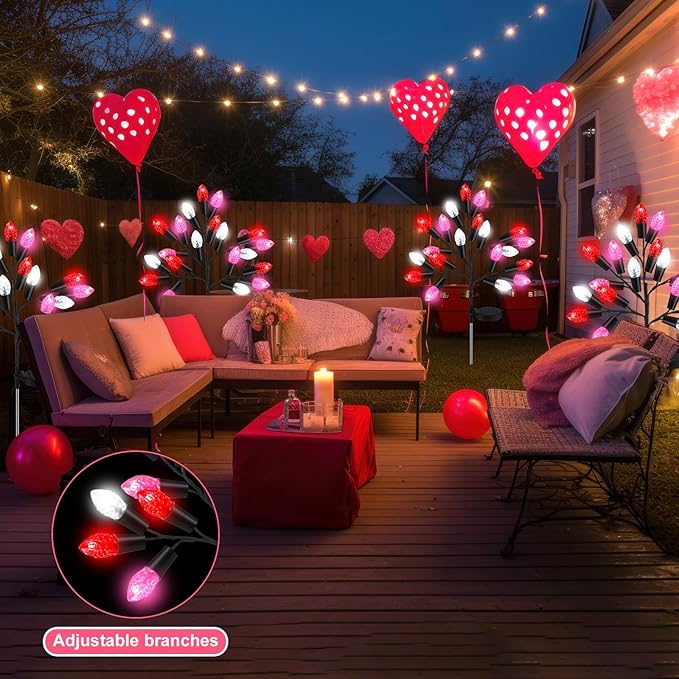 4 Pcs Valentine's Day Outdoor Decoration Solar Pathway Lights 28 Pink Stake Light Waterproof 8 Modes 80 Heart Shape LEDs for Yard Walkway Path Garden Patio Valentine Decor