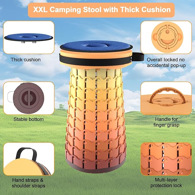 ALEVMOOM Upgraded XXL 19.7 Collapsible Stool with Cushion Heavy Duty Portable Folding Stool Max Load 1000 lbs Retractable Telescoping Foldable Seat Chair for Camping Fishing Travel