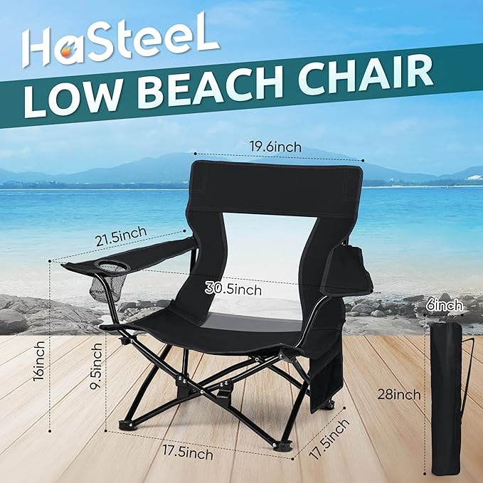 HaSteeL Folding Beach Chair Foldable Black Camping Chairs for Outside Low Beach Chair Portable for Adults Fishing Picnic Outdoor BBQ Travel Sports Cup Holder &amp Storage Bag