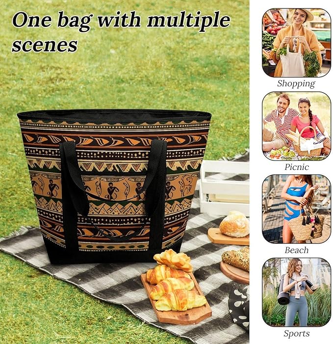 Insulated Shopping BagLarge Reusable Cooler Bags Bohemia Style Traditional African Pattern Printed Foldable Shopping BagTravel Waterproof Shoulder Bag
