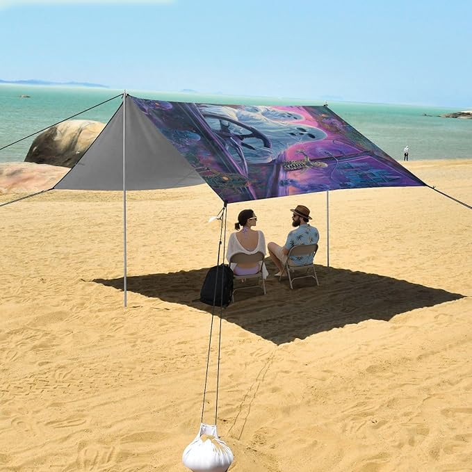ALAZA Halloween Ghost Skeleton Driving Funny Beach Tent Sun Shelter UPF50+ Protection Beach Shade Canopy w/ 4 Sandbags for Outdoor Camping Fishing Backyard Fun Picnic 10x9 ft