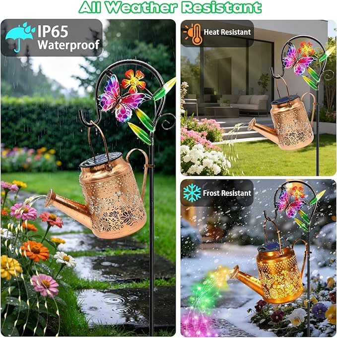 ANGMLN Butterfly Solar Lights Outdoor Waterproof Birthday Gifts for Mom Grandma Women Solar Watering Can Lights with Shepherd Hook Metal Hanging Lantern Garden Decor Yard Outside Patio Lawn