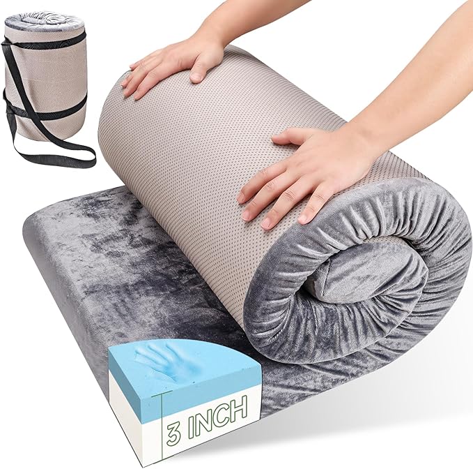 Memory Foam Camping Mattress pad3 Inch Thick Floor Sleeping Mat Pad for Adults with Waterproof and Non-Slip Bottom Portable Roll Up Mattress for Sleepover Guest