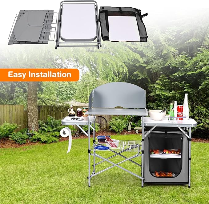 Giantex Folding Grill Table with 26'' Tabletop and Detachable Windscreen Aluminum Portable Camp Cook Station Carry Bag Quick Set-up BBQ Camping Picnic Backyard Outdoor Camping Kitchen Table (Grey)