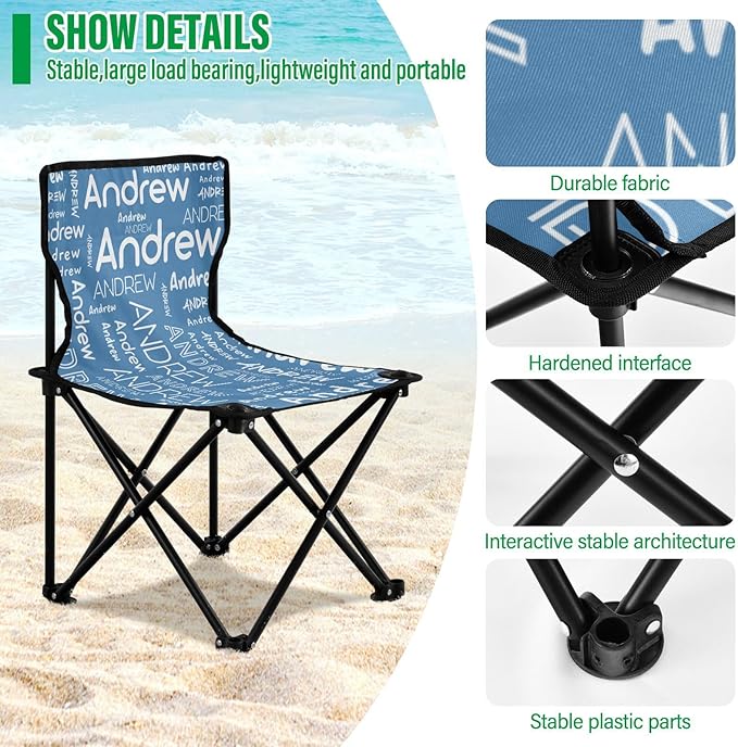 Sinestour Steel Blue Custom Folding Camping Chair for Teen Child Personalized Name 14.6×14.6in Portable Outdoor Chair with Carry Bag for Travel Picnic Barbeques