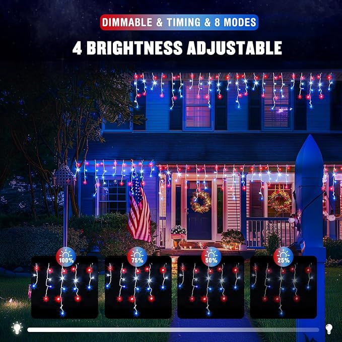 JMEXSUSS Icicle Lights for 4th of July Decor 400 LED Red White and Blue Icicle Lights for Outside 38.8 Ft Independence Day Icicle String Light Indoor Outdoor Holiday American Flag Decor