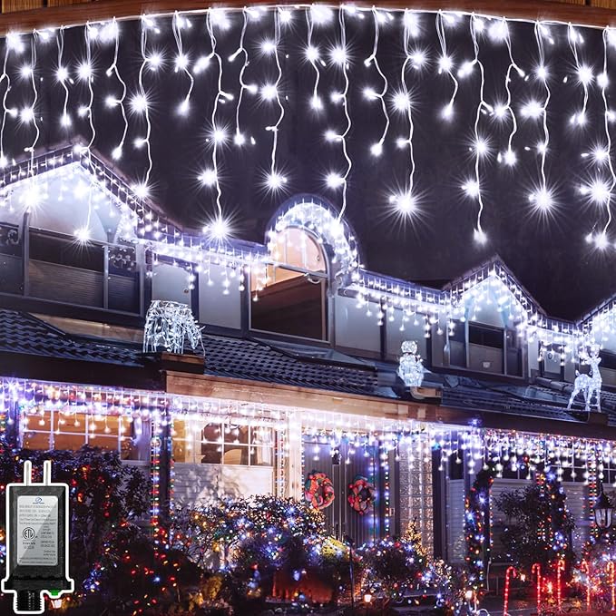 132FT 1332 LED Outdoor Christmas Lights - 296 Ice Drops 12 Pro Modes with Timer Memory &amp Brightness Waterproof Hanging Ice String Light for Holiday Wedding Garden Fence House Decor (Cool White)