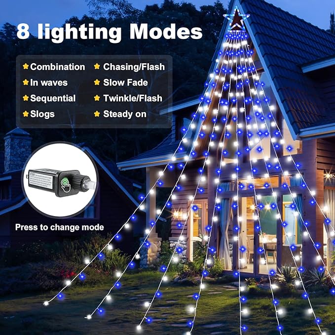 Christmas Decorations Outdoor11.5 ft 317 LED Star Christmas Tree Lights8 Memory Lighting Modes&ampTimer Star Light for YardWeddingParty Decorations(Blue+White)