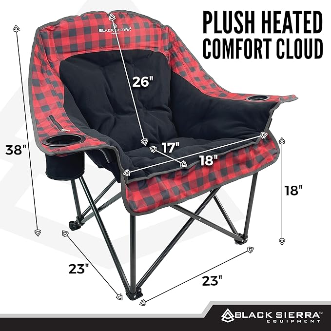 Black Sierra Heated Fleece Camping Chair for Adults Oversized Outdoor Seat with Plush Padding Supports 400lbs Cup Holders and Carry Bag Heavy Duty Folding Chair for Tailgating or Patio