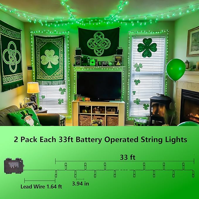 YEGUO Christmas Lights Battery Operated 2 Pack Each 33ft 100 LED Green String Lights Outdoor Waterproof Green Wire Fairy Christmas Light Indoor with Remote