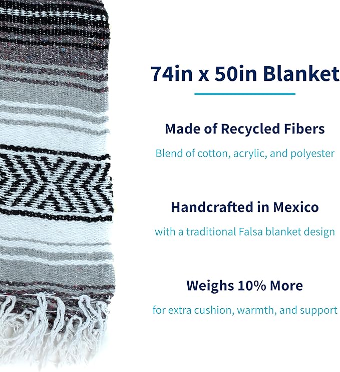 La Montana Mexican Blankets and Throws 4 Pack 74x50 - Made in Mexico Lightweight Yoga Blanket for Schools Studios Outdoors Camping Picnic Decor - Machine Washable Charcoal/Silver/White