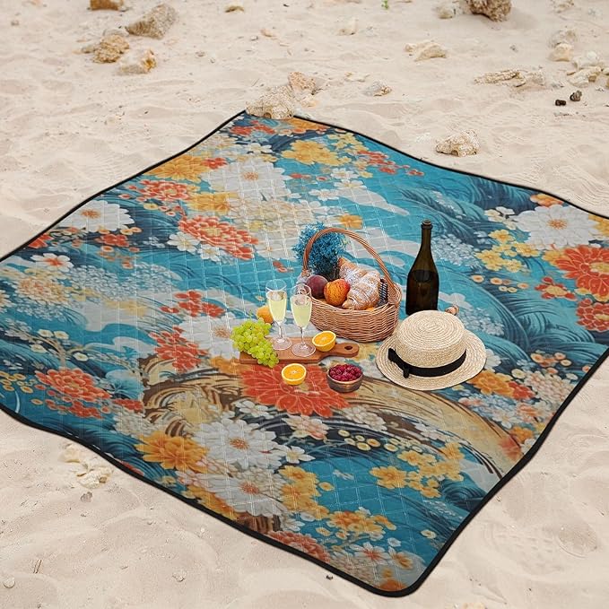 Japanese Foral Camping BlanketLightweight Waterproof Sandproof Beach Blanket Foldable Blankets for Outdoors Travel Picnics Beach 78 x 78 Inches