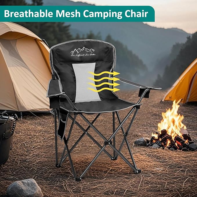 Outdoor Folding Camping Chair with Cup Holder Storage Bag Large Anti-Sink Feet 400lbs Capacity 2 Pack Breathable Mesh Portable Chair for Camping Beach Fishing Sports Black 2Pack