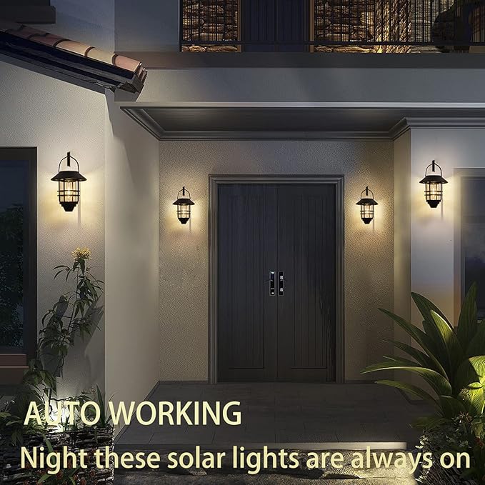 2 Pack Solar Lanterns Outdoor Hanging Waterproof Solar Wall Lights Glass Metal with Wall Mount BracketAuto Dusk to Dawn Garden Lantern Warm White for Outdoor Front Porch Garden
