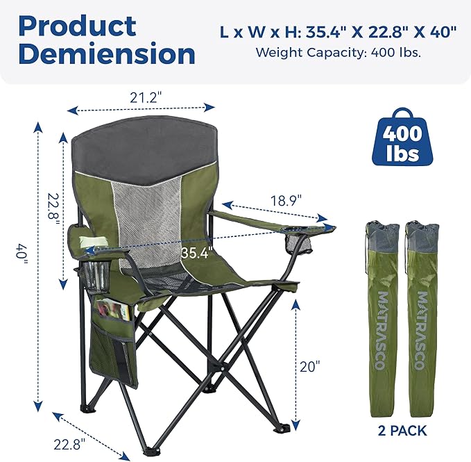 Outdoor Camping Chair 2-Pack with Mesh Back Folding Portable Lawn Chairs with Cup Holder &amp Side Storage Pocket for Camping Beach Picnic Fishing(Green)