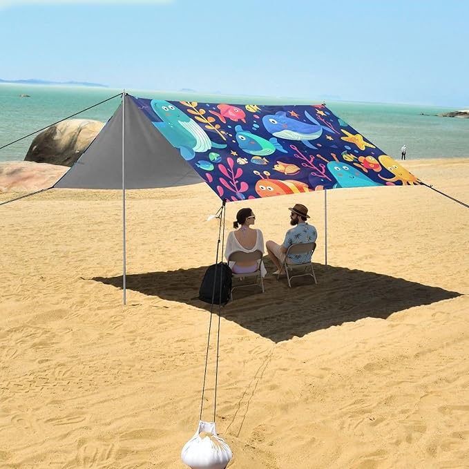 Cute Cartoon Undersea World Camping Sun Shelter Beach Tent Portable Beach Sun Shade Outdoor Canopy for Camping Trips Fishing Picnic