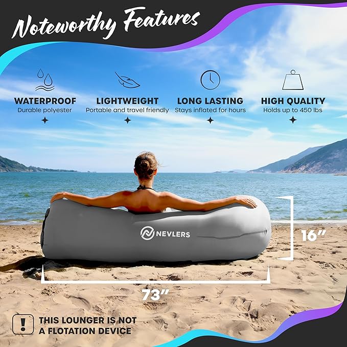 Nevlers Gray Inflatable Lounger | 210T Polyester Inflatable Chair | No-Pump Blow Up Couch | Air Sofa w/ 450lbs. Capacity Pockets &amp Matching Bag | Use as Beach Chair Inflatable Couch for Adults &a